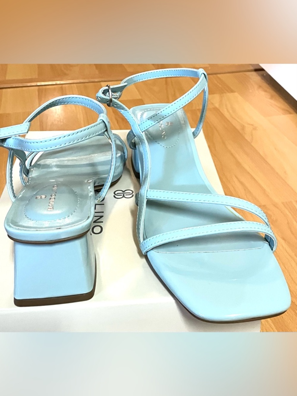 Bandolino Colby Pastel Blue Patent Leather/Strappy/Low Block Heel Sandals: 8 - Picture 5 of 6